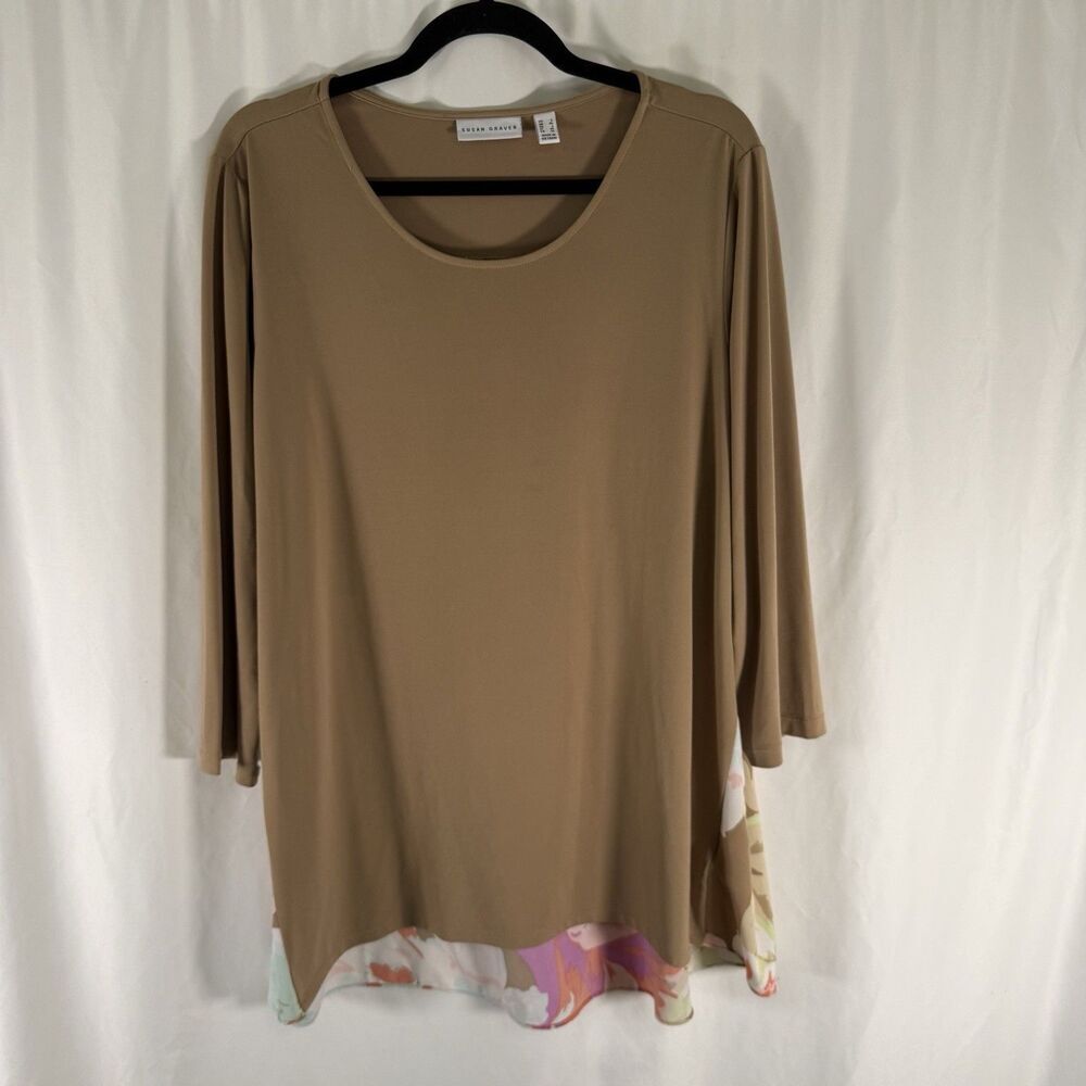 Susan Graver Blouse Women's Large Brown Floral 3/4 Sleeve Round Neck Lightweight